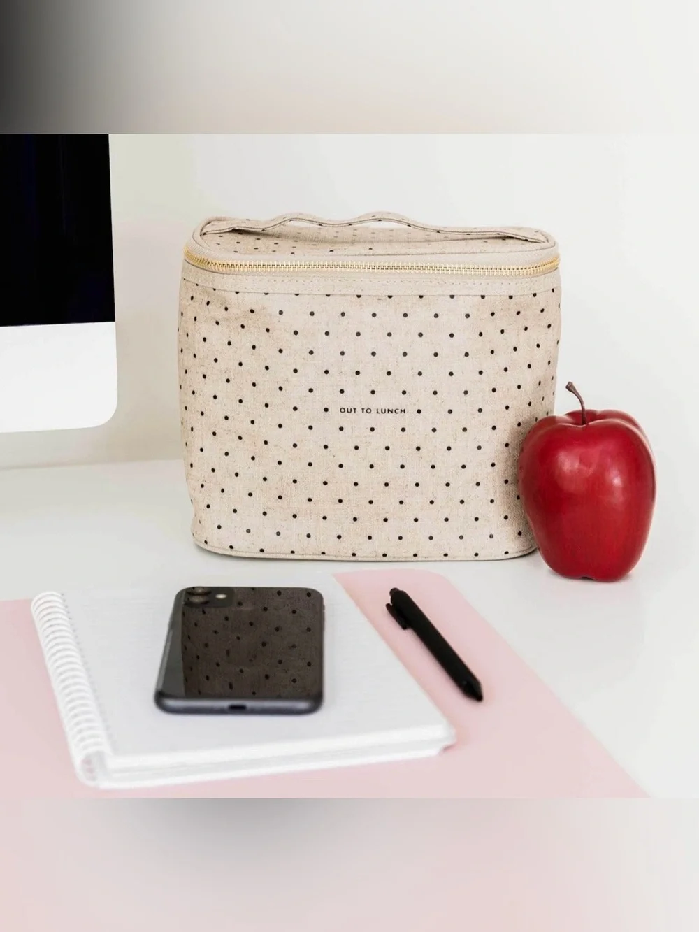Kate Spade New York Beige Black Polka Dots Out To Lunch Linen Insulated Tote Bag